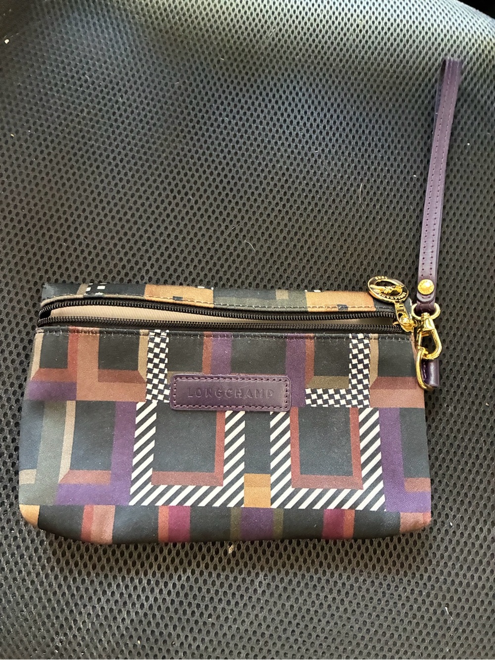Longchamp Multicolor Geometric Wristlet with Purple Strap